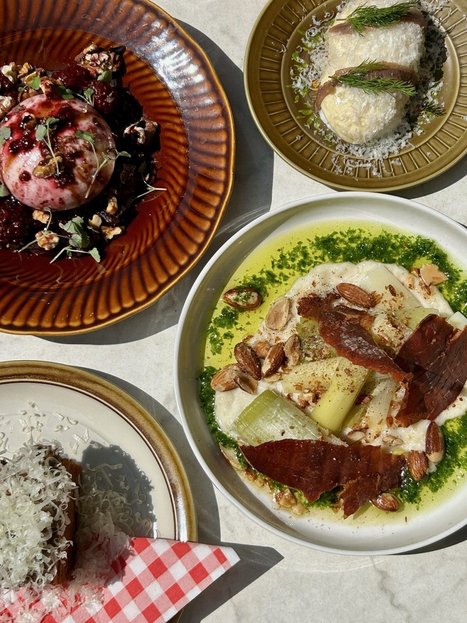 Vijf verschillende gerechten op borden, inclusief een salade met ijs, een pasta met vlees en groenten, een kaasgerecht met noten en kruiden, en een dessert met rood fruit en ijs.