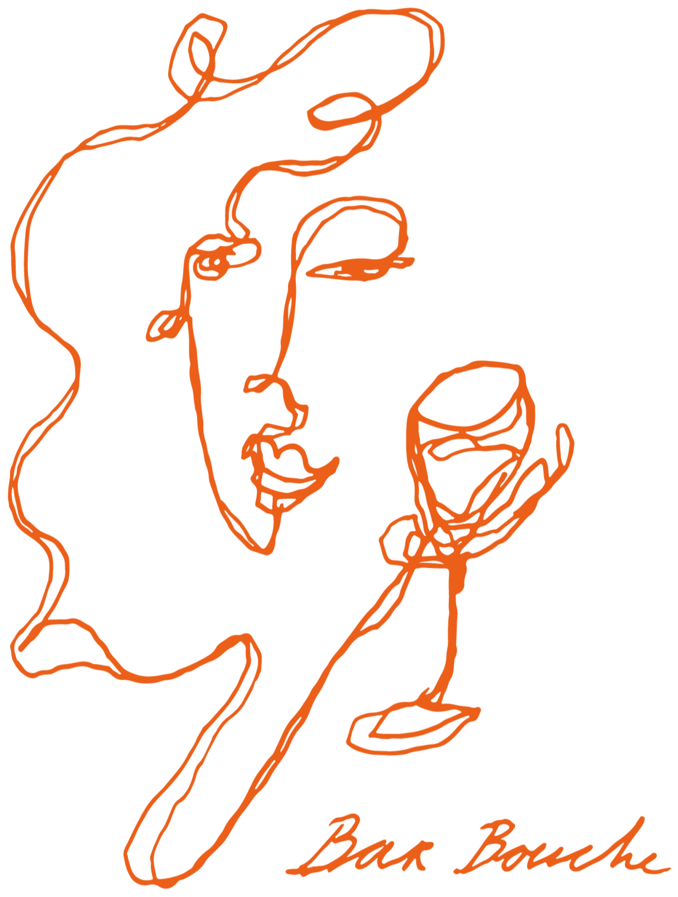 Een schematische tekening van een hand die een glas vasthoudt, getekend met oranje lijnen op een zwarte achtergrond, met de tekst 'Bar Bouch' eronder.